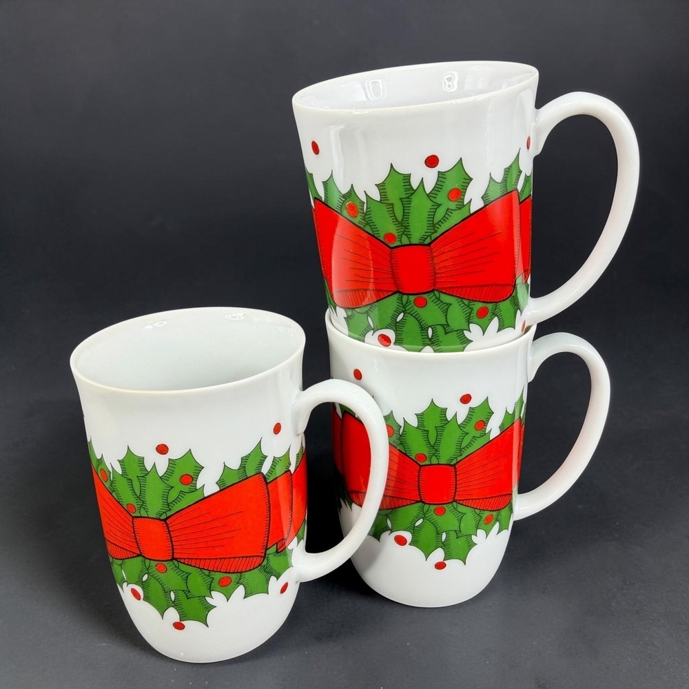 Fitz and Floyd Holly Wreath Mugs Set 3 Vintage 1976 Christmas Japan Red Bow